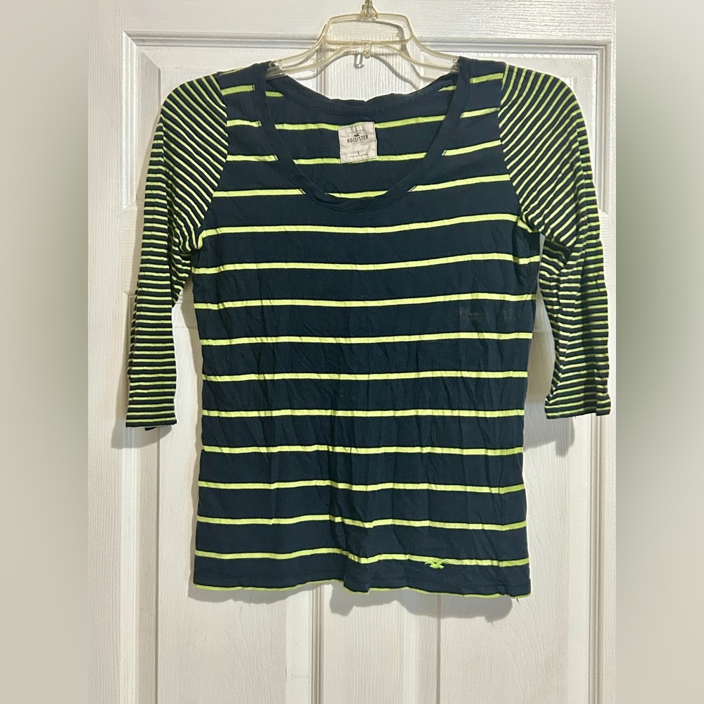 Hollister Navy and Lime Striped Long Sleeve Tee